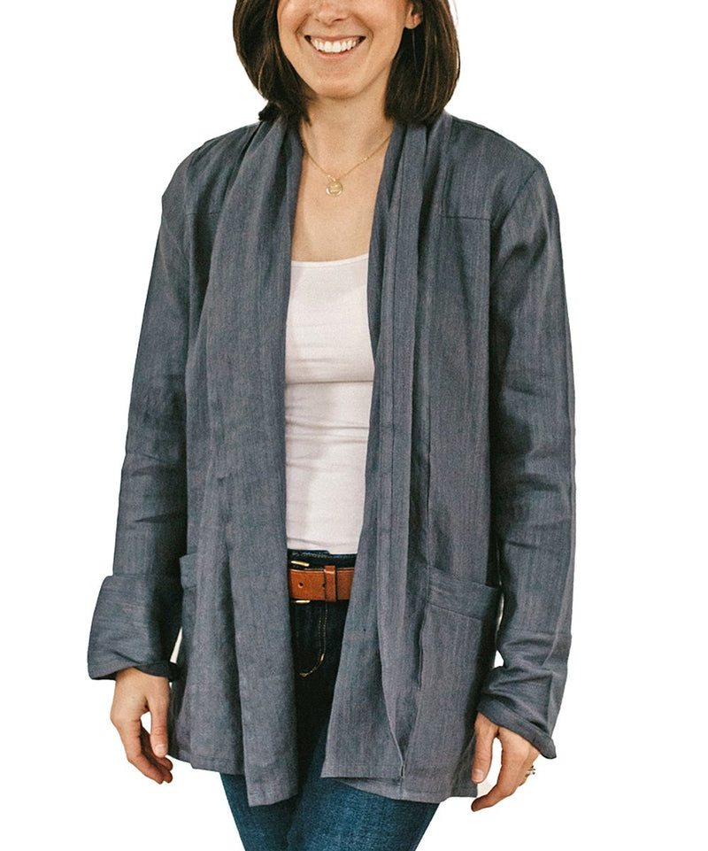 -Gray Pocket Linen-Bamboo Open Cardigan - Women (NEW)